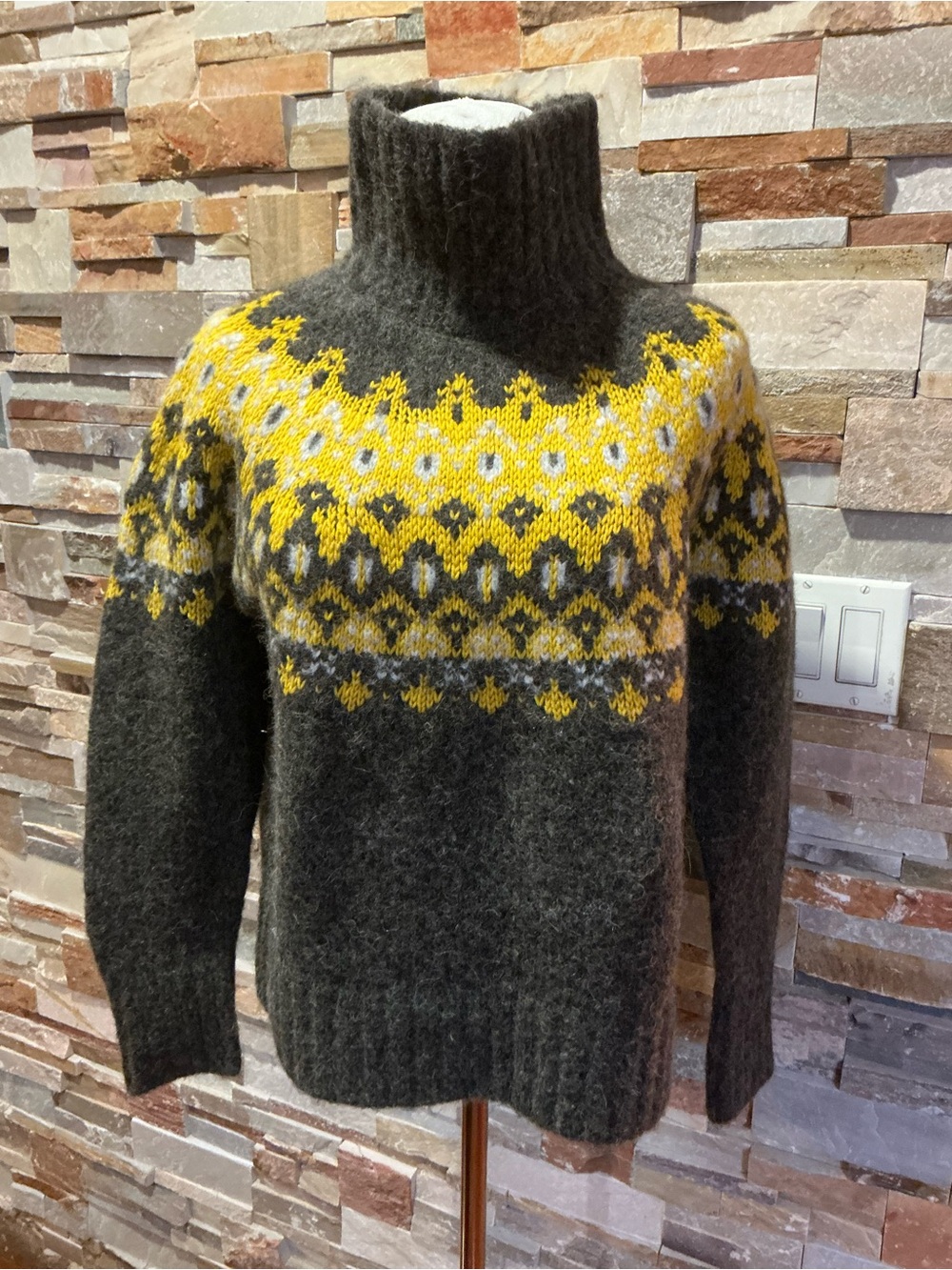 Banana Republic Women's Charcoal and Yellow Fair Isle Turtleneck Sweater